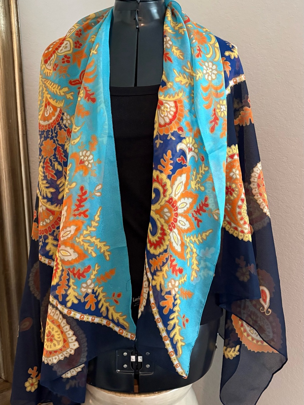 Larioseta Como Italy Oversized Paisley Scarf Blue Orange Floral Wrap Shawl.